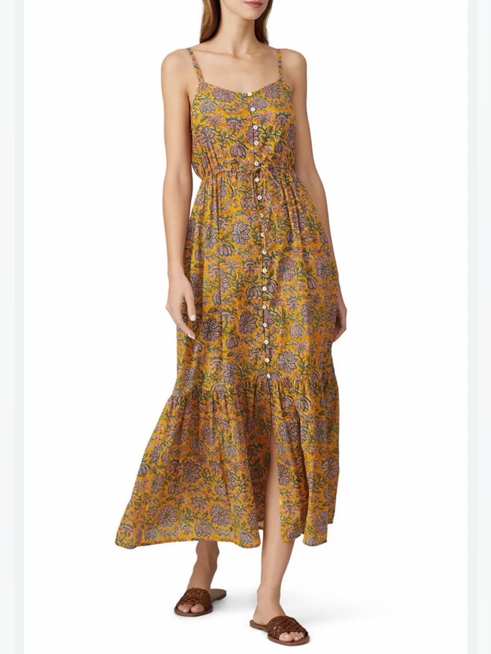 Cleobella Mindy Cotton Midi Dress - Yellow/Green Floral - Small
